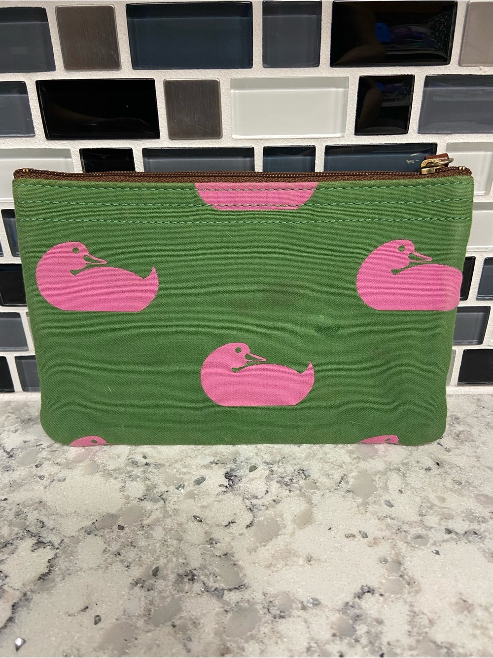 Dooney & Bourke Green Canvas Triple-Zip Pouch with Pink Duck Print - Picture 2 of 5